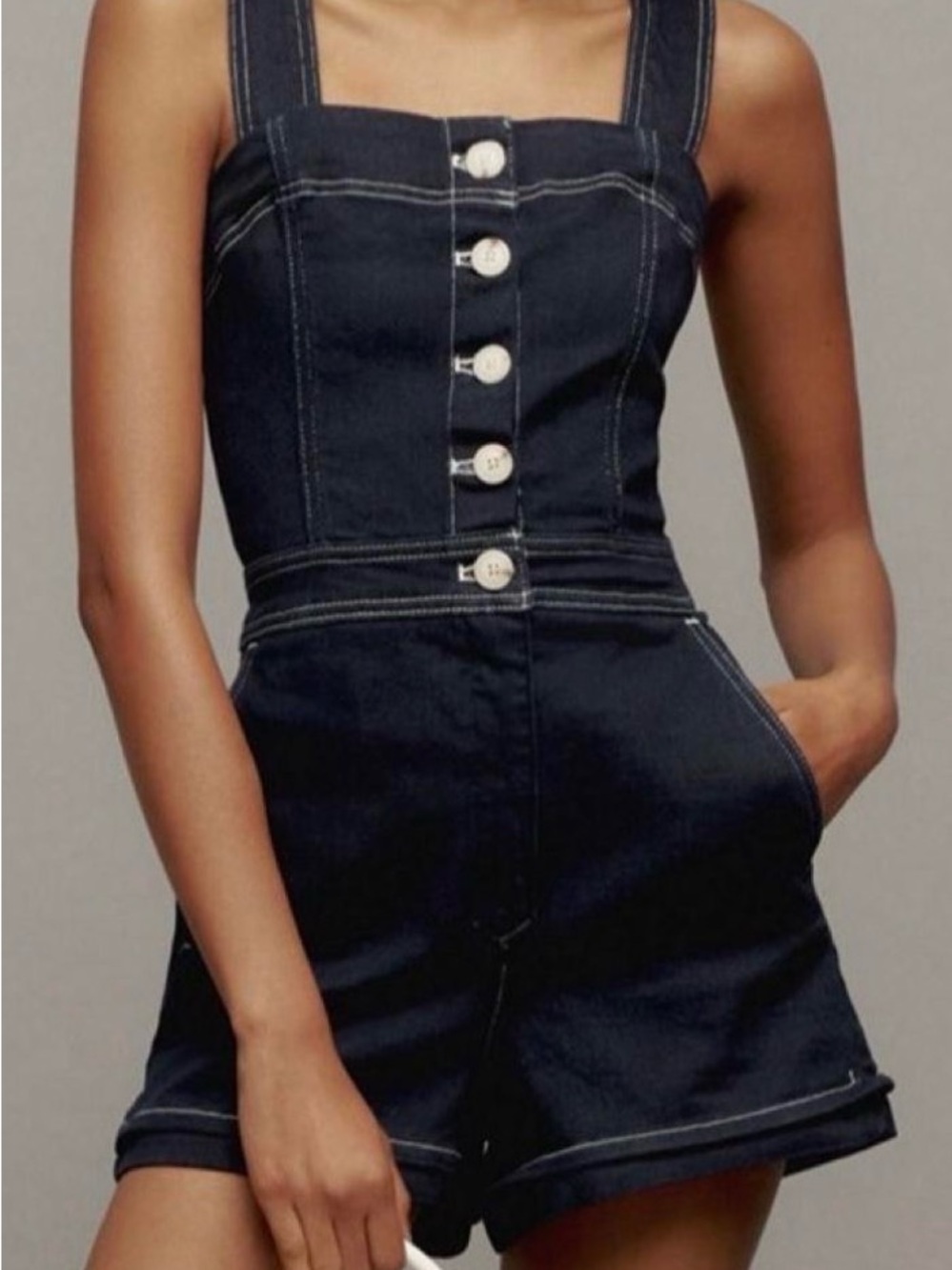 Maeve Dark Indigo Denim Button-Front Short Overalls